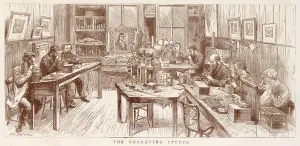 1881 Prints: Interior of the studio where the engravings using tools