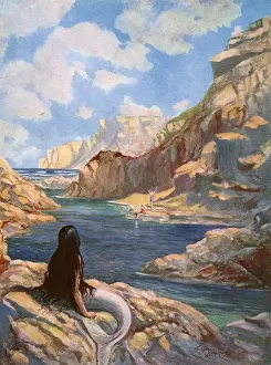 Rocks Prints: Intruders! By Godfrey Wilson, mermaid watching bathers