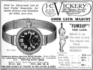 Charm Prints: J. C. Vickery advertisement with Fums Up lucky mascot, WW1