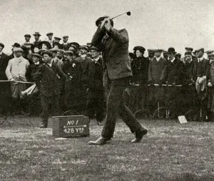 Links Prints: James Braid driving from the first tee at the Pannal links