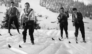 Winter Prints: Jazz band on skis at Murren