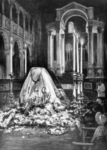 Prints of Illustration showing the coffin of John Redmond (1856-1918), the Irish lawyer, politician and leader of the Home Rule Party, lying under an Irish flag in Westminster Cathedral, 1918 November Prints: John Redmonds Coffin, Westminster Cathedral, 1918