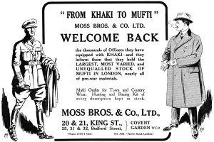 Mens Prints: From Khaki to Mufti, Moss Bros advertisement, 1918