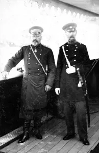 Prints of Photographic portrait of King Edward VII (1841-1910) of Great Britain and Ireland (on left), pictured in his uniform as Colonel-in-Chief of the 27th Regiment of Russian Dragoons, c.1900 November Prints: King Edward VII in Russian Uniform, c. 1900