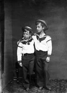 Prints of Photographic portrait showing Prince George and Prince Albert Victor wearing navy uniforms, c.1869. Prince George went on to become King George V of Great Britain and Northern Ireland (1865-1936) November Prints: King George V and the Duke of Clarence, c. 1869