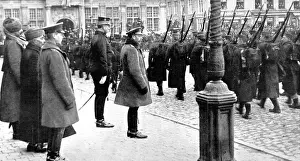 Belgian Prints: King George V at the front with King Albert, reviewing Belgian troops
