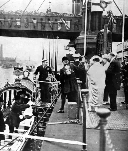May Prints: King George V and Queen Mary at Cadogan Pier, London, August