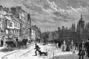 Prints of Cabs and carriages, an errand boy harassed by a dog and a mama with two daughters and a dog on the lead, pass along Kings Parade in late Victorian times Date: 1887 February Prints: KINGS PARADE 1887