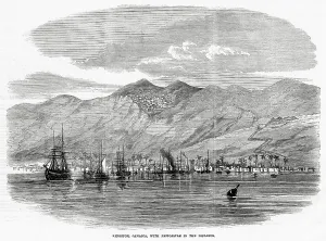 Indies Prints: KINGSTON with Newcastle on the hillside in the distance Date: 1865