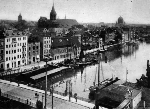 Prints of Photograph showing the Kottel Bridge at Konigsberg, then capital of East Prussia, pictured sometime in the 1930 s. Konigsberg is now known as Kaliningrad and is Russian territory October Prints: The Kottel Bridge at Konigsberg, East Prussia, 1930 s