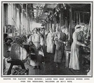Factories Prints: Ladies at a factory in Scotland keep munition works going at the weekend