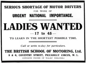 Drive Prints: Ladies Wanted as drivers, WW1 advertisement
