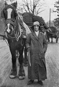 Cart Prints: Lady with carthorse and coal, WW1
