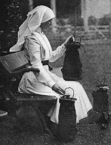 Fraser Prints: Lady Stradbroke posed with bombs dropped on Henham Hall, WW1