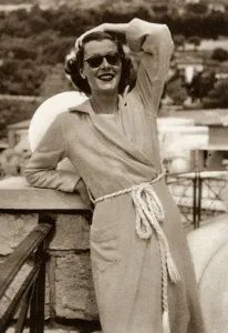 Beach Prints: Lady Warwick in a beach robe at Monte Carlo