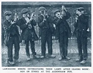 1920 Prints: Lancashire miners extinguishing their lamps after ceasing work