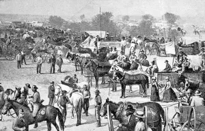 Waiting Prints: A Land-rush in the United States. The crowd waiting to take