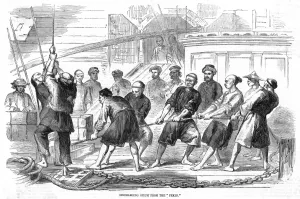 1857 Prints: Landing opium from the Pekin at Hong Kong