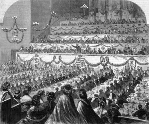 Prints of A lone speaker holds forth at a vast formal banquet. Date: 1863 July Prints: LARGE BANQUET 1863