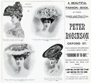 Millinery Prints: Latest fashions of elegant womens hats, advertised in Peter Robinson
