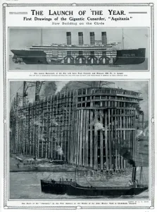 G H Davis Illustrations Prints: Launch of Cunarder, Aquitania, by G. H. Davis
