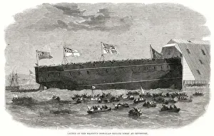 Plymouth Prints: Launch of Her Majestys Ironclad Frigate at Devonport Date: 1863