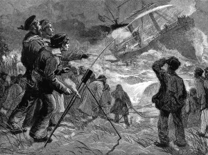Rocks Prints: The Life Brigade firing a Rocket to a Ship on the Rocks