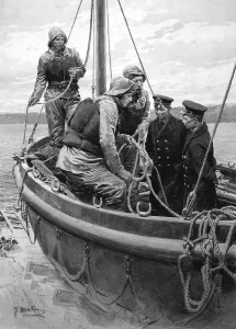 Ropes Prints: Lifeboat crew and two cadets in a boat