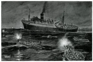 Liner Prints: Lifeboats watching the Athenia as it sinks, Sept 1939