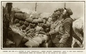 Sandbags Prints: Lighting the fuse of a battery of four crapouillots 1915