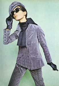 Modelling Prints: Lilac velvet trouser suit by Bagatel, 1966