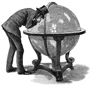 Examining Prints: Lloyds Underwriter examining a globe, 1886