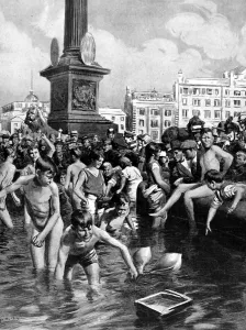 Prints of Illustration showing London children bathing in the Trafalgar Square fountains during the summer of 1919 November Prints: London Children in the Trafalgar Square Fountains, 1919