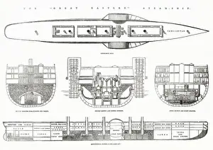 1850s Prints: Longitudinal section of the Great Eastern Steam Ship designed by Isambard Kingdom Brunel