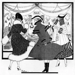 Shops Prints: Looking in a shop window during the sales, WW1