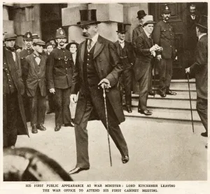 Public Prints: Lord Kitchener walking down steps alone of War Office. His first public appearance as