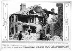 Suffolk Prints: Lowestoft bombardment - damaged houses, 1916