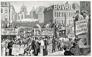 Drawn Prints: Ludgate Circus, with advertising on sides of public transport and buildings