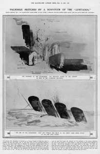 Lusitania Prints: The Lusitania struck by a torpedo