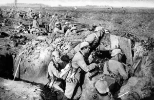 Trenches Prints: Machine gun in German trenches WWI