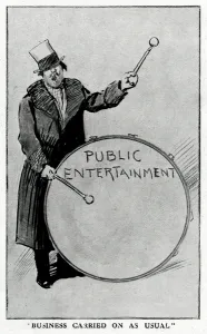 Usual Prints: Man banging a drum to advertise public entertainment