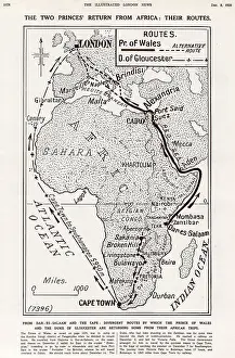 Edward Prints: Map of Africa showing the two different routes taken by the Prince of Wales