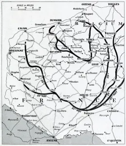 1940 Prints: Map of France and Belgium, evacuation from Dunkirk, WW2