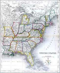Prints of Printed Map of the United States by James Gilbert with coloured watercolour markings delineating individual states November Prints: Map of the United States, 1846