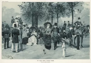Park Prints: Members of London society socialising in Rotten Row, Hyde Park, in London. Date: 1885