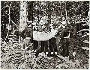 Public Prints: Members of the Naval section of Wellington College's cadet force learning how to sling a hammock in contrasting
