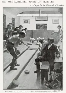 Playing Prints: Men playing Skittles inside in the East End, London pub. Date: 1903