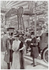 Displayed Prints: Men and women looking around the stands at the Olympia Motor show in London. Date: 1906