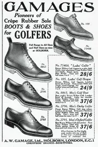 Golf Prints: Men and women's golfing boots and shoes. Date: 1924