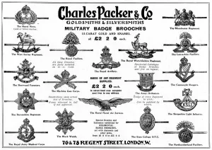 Accessories Prints: Military regimental badge brooches advertisement, WW1